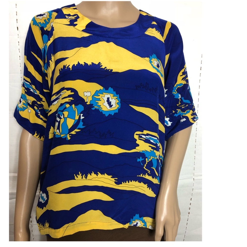 Bianca Coletti Peek-a-boo Back Top blue yellow artsy back out abstract art